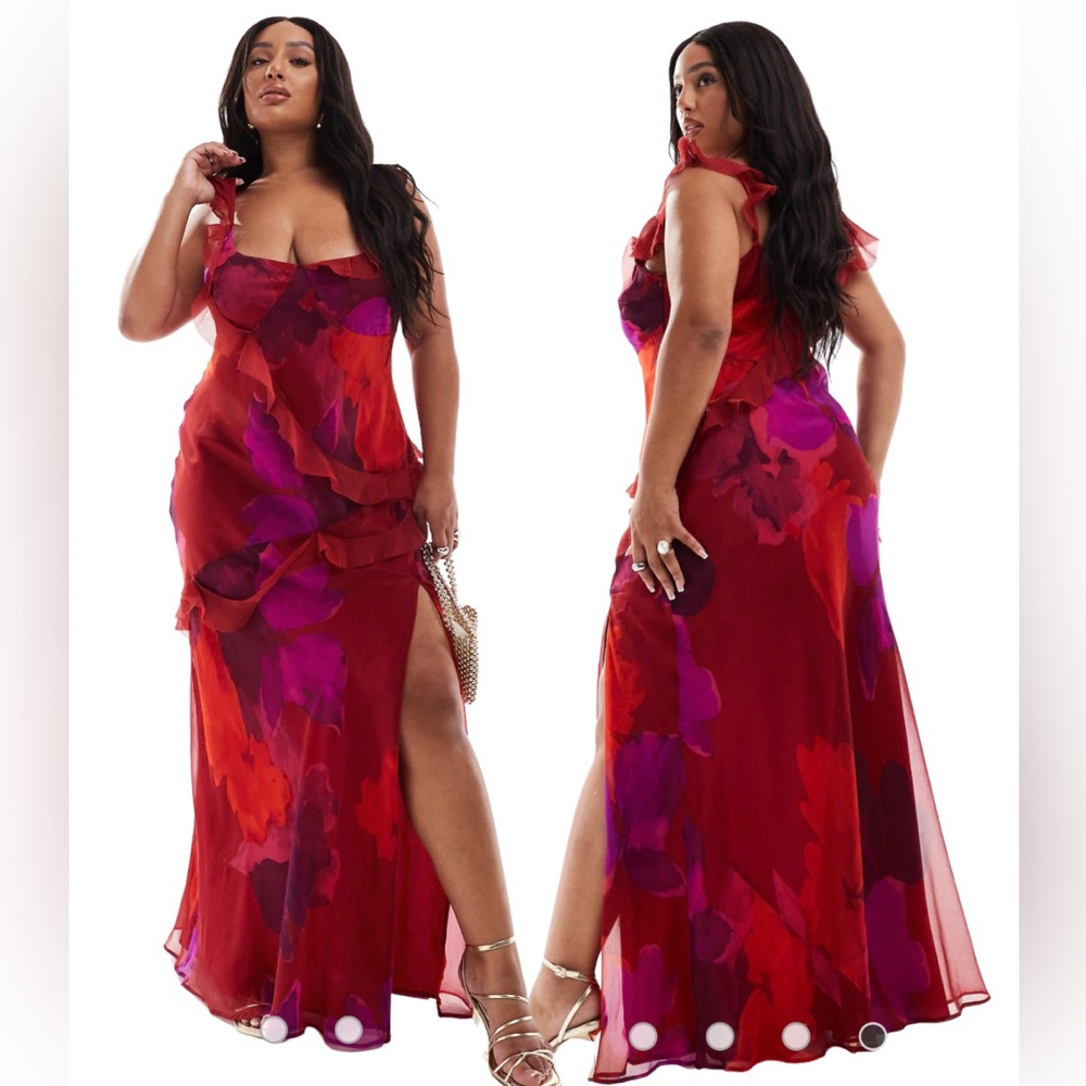 ASOS Curve raw edge frill maxi dress with tie back in burgundy floral print